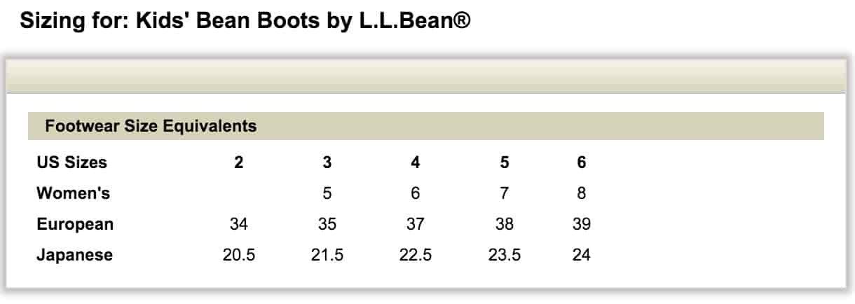 llbean boots children sizing