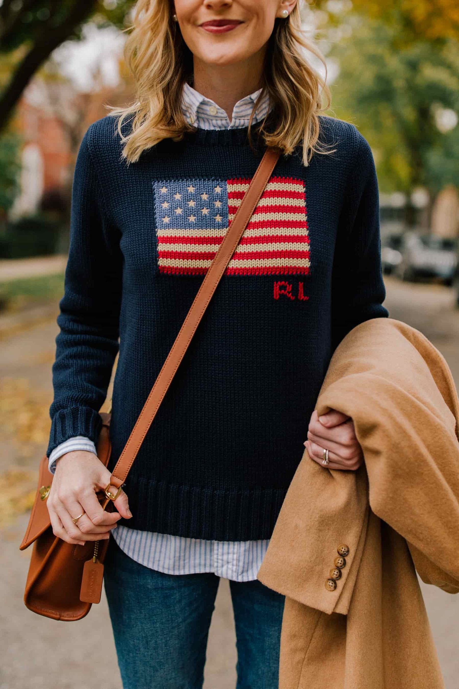 On Kelly: Ralph Lauren American Flag Sweater, Camel Coat, Striped Button Down